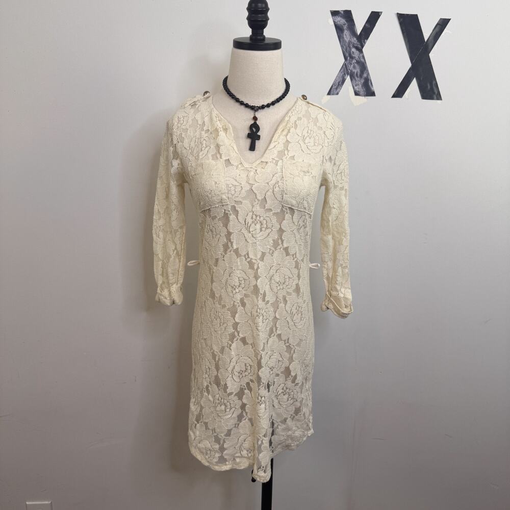 Vintage Y2K Ivory Sheer Lace Long Sleeve Mini Dress V-Neck Indie M